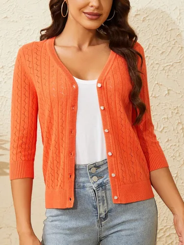 Vista 2 de Cotton Cardigan Sweaters for Women Lightweight Open Front Cardigans Hollow Out Button Down 34 Sleeve Cardigan Casual