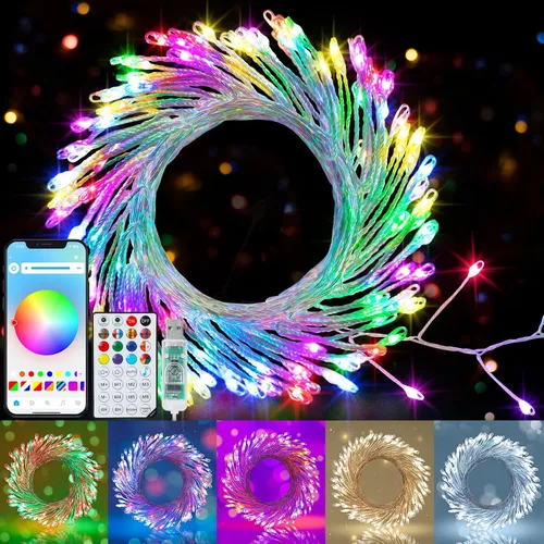 Vista 11 de Luces de Hadas Inteligentes Paquete de 2 Total 66 Pies 200 Luces LED de Cadena Parpadeantes con Control Remoto y APP, Luces de Árbol de Navidad USB