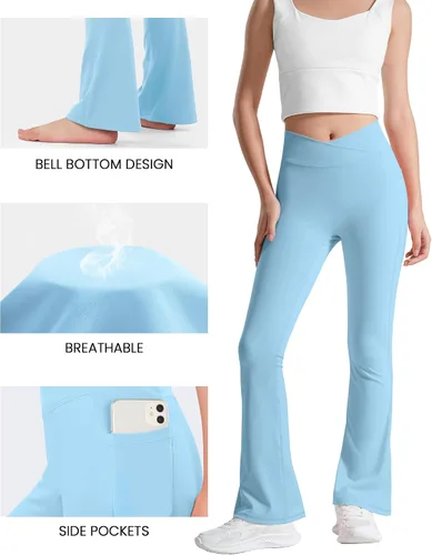 Vista 2 de BOOPH Leggings acampanados para niñas con bolsillos cruzados de cintura alta, pantalones de yoga acampanados pantalones deportivos