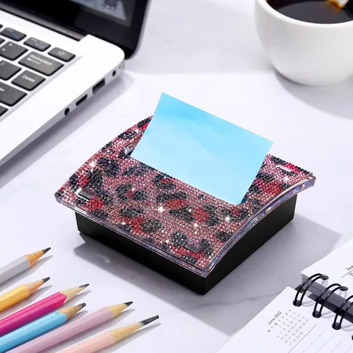Vista 6 de Barydat Dispensador de notas autoadhesivo con diamantes de imitación de 4 x 4 pulgadas, soportes para bloc de notas con estampado de leopardo