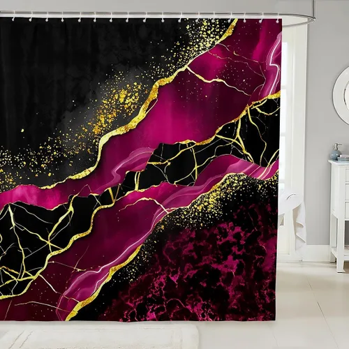 Vista 32 de Erosebridal Cortina de ducha de mármol negro, 72 pulgadas de ancho x 72 pulgadas de largo, juego de baño con grietas doradas, tela de textura