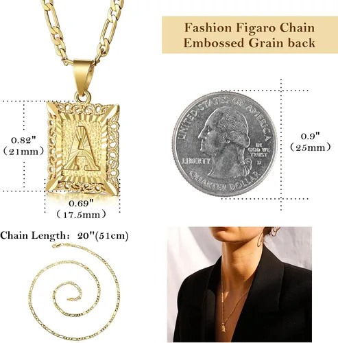 Vista 5 de KissYan Collar Figaro con dije y letra inicial para hombres y mujeres collar chapado en oro de 18 quilates con dije de monograma cuadrado letras