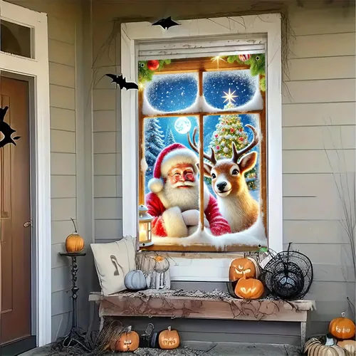 Vista 7 de BlissYard Cubierta de ventana de Navidad de 31 x 47 pulgadas, Papá Noel y reno, escena de nieve de invierno, decoración de vacaciones, fondo festivo