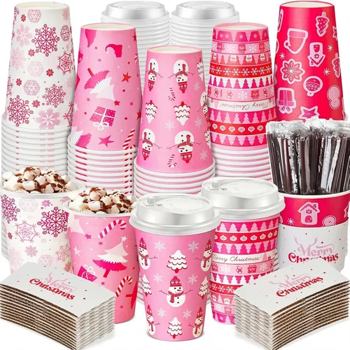 Vista 7 de Ziliny 100 juegos de tazas de papel de Navidad con manga y tapa con pajita, tazas de chocolate caliente y cacao para fiestas de Navidad, suministros