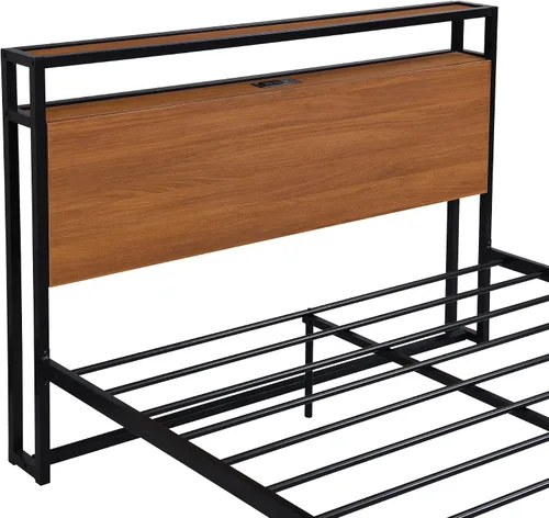 Vista 8 de VilroCaz Cama de plataforma de tamaño matrimonial con enchufes y puertos USB, marco de cama de plataforma de metal moderno con cajones, soporte
