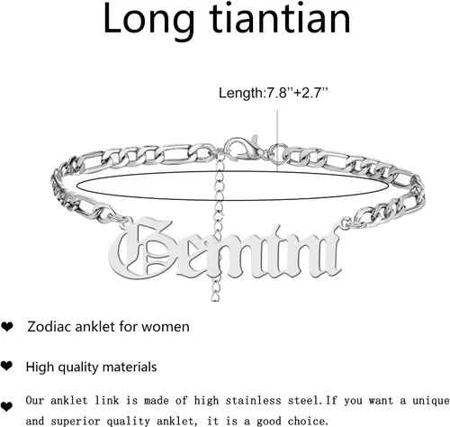 Vista 4 de Long tiantian Tobilleras para mujer, pulseras de acero inoxidable para mujer, joyería del zodiaco, regalo con nombre y tobilleras para mujer