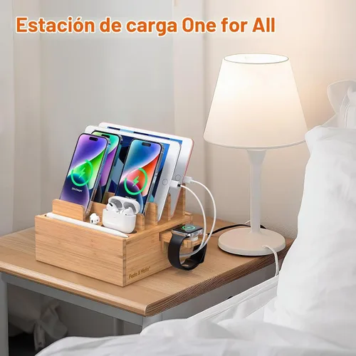Vista 6 de Estación de carga de bambú Pezin & Hulin para múltiples dispositivos incluye cargador USB de 5 puertos, 5 cables, organizador de escritorio