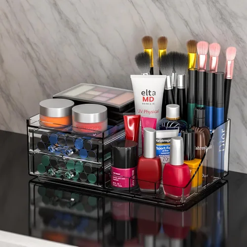 Vista 7 de Organizador de maquillaje pequeño de acrílico con cajones, organizador de cuidado de la piel transparente para tocador, cómoda, encimera de baño