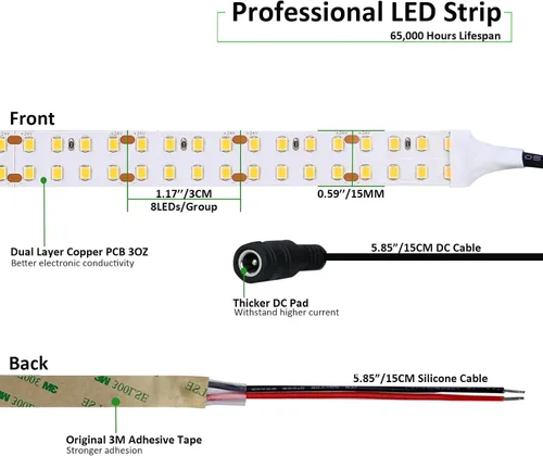 Vista 2 de JOYLIT Tira LED de 24 V 3000 K blanco cálido doble fila 16.4FT 792LM/FT UL listado