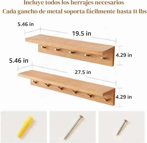 Vista 3 de Perchero de madera de roble con estante de 20 pulgadas de largo, 5 ganchos, estante flotante de pared de entrada para baño, pasillo, sala de estar