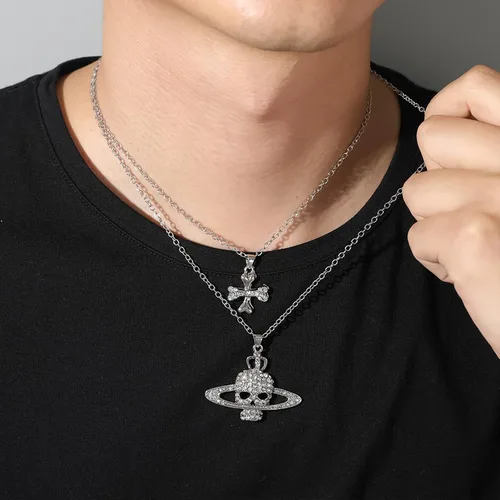 Vista 4 de Yumikoo Collar de planeta Saturno con calavera y corazón cruzado para mujeres y hombres