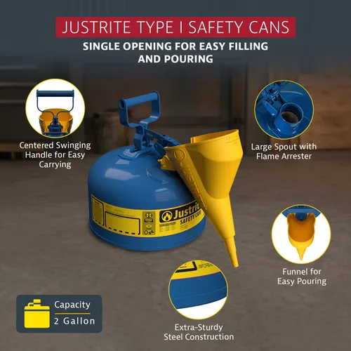 Vista 2 de Justrite - Lata de seguridad de queroseno tipo I, acero galvanizado azul