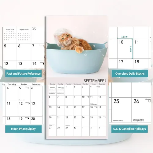 Vista 4 de Calendario de pared 2026, calendario de gatos 2026, calendario mensual de pared de baño de gatos, 12 x 24 pulgadas abierto, planificador familiar
