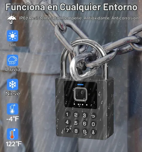 Vista 5 de Anweller Candado de huellas dactilares resistente con llave, bloqueo de almohadilla con teclado de código, resistente a la intemperie, inteligente