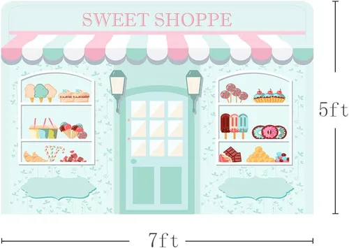 Vista 5 de MEHOFOND Telón de fondo Sweet Shoppe de 5 x 3 pies para niña, fondo de fotografía de cumpleaños, pancarta de fiesta para niños, baby shower, dona