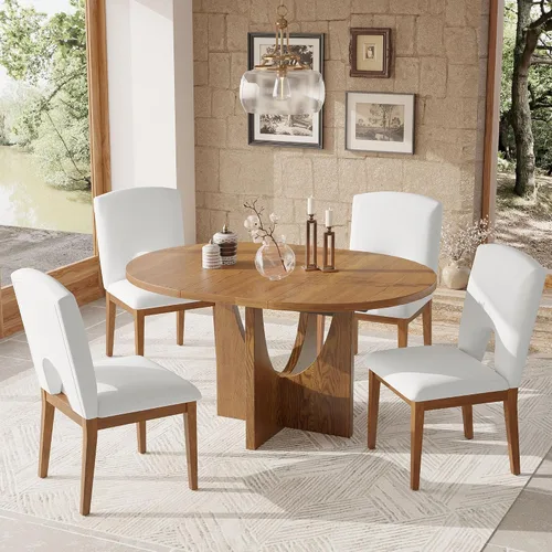 Vista 21 de Farmhouse - Juego de mesa de comedor de 5 piezas, mesa de comedor redonda extensible con 4 cómodas sillas tapizadas, juego de muebles funcionales