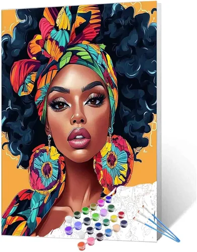 Vista 33 de Pintura de niña afro a la moda, kits de pintura por números, 16 x 20 pulgadas, lienzo de hojas tropicales, pintura al óleo para niños y adultos