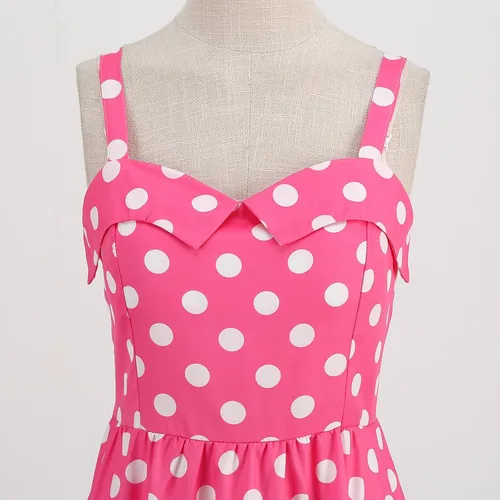 Vista 4 de ODASDO Vestido de cuadros rosa para mujer, estilo vintage, Rockabilly de los años 50, con tirantes delgados, acampanado, vestido midi para cóctel