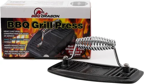 Vista 2 de BBQ Dragon Prensa para parrilla de hierro fundido – Prensa de hamburguesas, tocino y panini resistente de 2.9 libras – Pre sazonada para asar