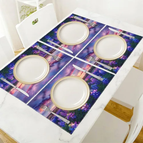 Vista 5 de Spring Sunrise Bluebonnets Texas Hill Country Placemats Set of 6 Resistant Table Mats Washable Place Mats for Dinner Party Table Decoration