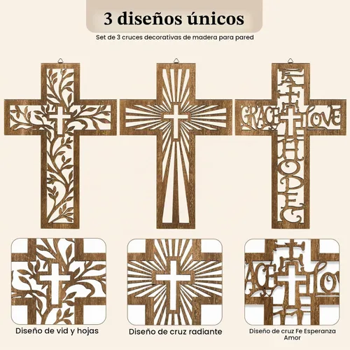Vista 3 de 3 Pcs Wooden Cross Wall Decor, 12 Inch Wall Crosses for Christian Home