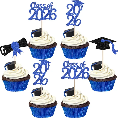 Vista 27 de 30 piezas de decoración para cupcakes de graduación para la clase de 2026 con purpurina brillante para el futuro diploma hecho 2026 Felicidades