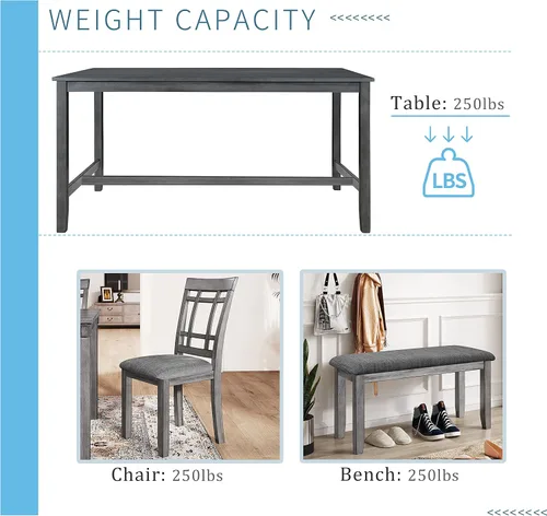 Vista 7 de Juego de mesa de comedor de madera de 6 piezas, juego de mesa de cocina con rectangular, juego de mesa de comedor con banco tapizado y 4 sillas