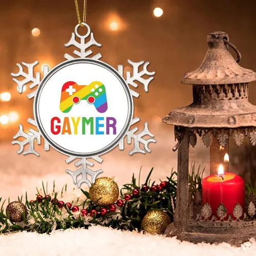 Vista 3 de Adorno de árbol de Navidad Gaymer Rainbow Gay Game Ornamentos Gay Decoraciones de Navidad Regalo Amor Igualdad Derechos LGBTQ Rainbow Metal Copo