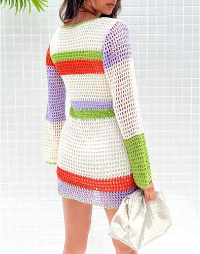 Vista 3 de Mini vestido de punto de ganchillo para mujer, manga larga, de malla colorida, casual, estilo suéter, para verano y playa