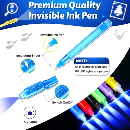 Vista 2 de Joycover 12 bolígrafos de tinta invisible con luz UV para niños, bolígrafos espía y cuaderno, recuerdos de fiesta de cumpleaños para niños de 4 a 8