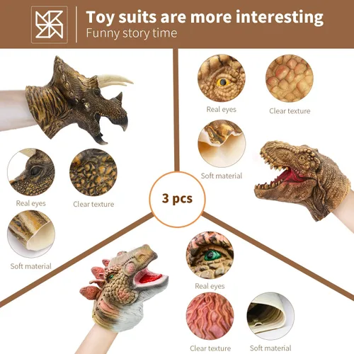 Vista 5 de Yolococa Marionetas de mano de dinosaurio, juego de marionetas de animales de látex de 3 piezas con T Rex, triceratops y estegosaurio para contar