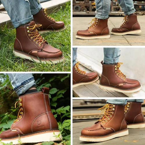 Vista 6 de Men's 6" Soft Toe Work Boots Full Grain Leather Moc Toe Waterproof Wedge Sole Comfortable Construction Boots