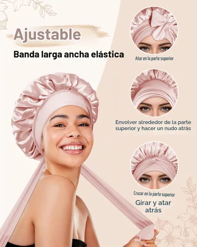 Vista 4 de BONNET QUEEN - Gorro de seda para dormir de BONNET QUEEN, gorro de satén para dormir con banda de amarre ajustable, para cabello rizado, de una sola
