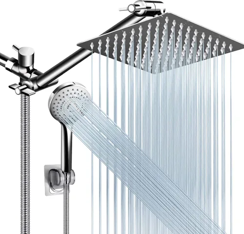 Vista 11 de Combo de cabezal de ducha (níquel cepillado), cabezal de ducha de lluvia de alta presión de 8 pulgadas con brazo de extensión ajustable de 11