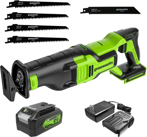 Vista 10 de Greenworks Sierra Recíproca Compacta de Una Mano sin Escobillas de 24V de 1" (3,000 SPM), Sierra Recíproca Inalámbrica de Velocidad Variable