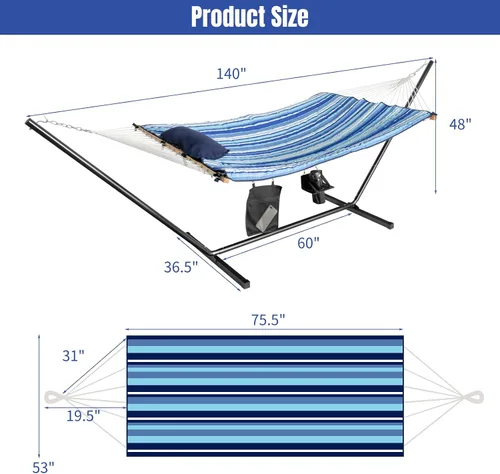 Vista 4 de Tangkula Hamaca doble con soporte, hamaca de acero para 2 personas de 12 pies con hamaca de algodón, almohada, portavasos, bolsa de transporte