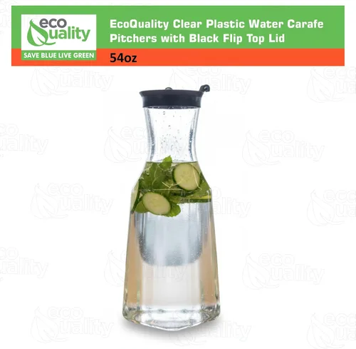 Vista 3 de EcoQuality Jarra de agua de plástico transparente de 54 onzas con tapa superior abatible negra, botella de base cuadrada con boquilla para barra