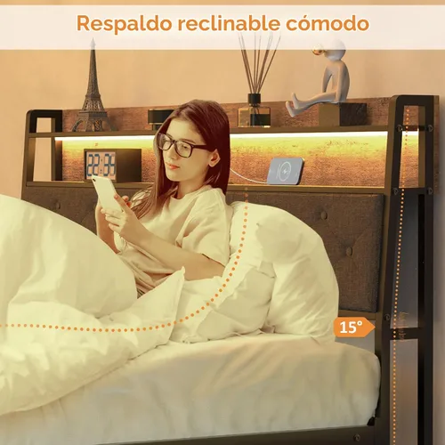 Vista 5 de Winkalon Base de cama matrimonial con cabecera ergonómica, base de cama de plataforma con luces RGB, tomas de corriente y cargador, cama de montaje