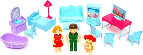 Vista 3 de R & S LIMITED Boley: Casa de muñecas - Rosa y púrpura - Juego de 16 piezas - 3 muñecas familiares y 12 accesorios de muebles, diseño plegable