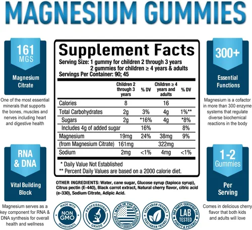 Vista 2 de Gomitas de magnesio prémium para niños y adultos, citrato de magnesio para apoyo digestivo, ayuda para dormir, alivio del estrés, calma, salud ósea