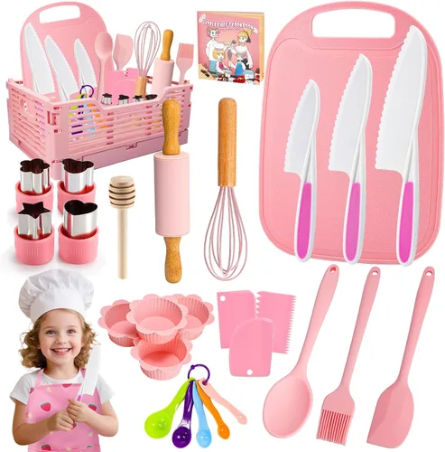 Vista 8 de 9 piezas de juego de cuchillos seguros para niños para cocina real, juego de cuchillos de cocina para niños con tabla de cortar, cortador