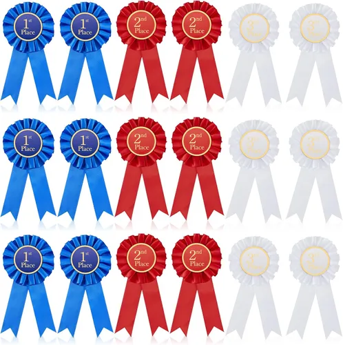 Vista 11 de MTLEE - Juego de 3 piezas de roseta de cinta de satén para participación, insignia de premios honoríficos, premios azules, rojos y blancos, medallas