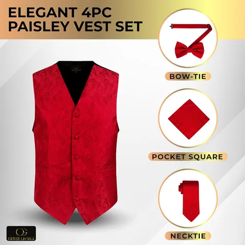 Vista 5 de Oliver George Chaleco formal de cachemira para hombre, 4 piezas, chaleco, esmoquin, corbata, corbatín, pañuelo, conjunto para traje o esmoquin