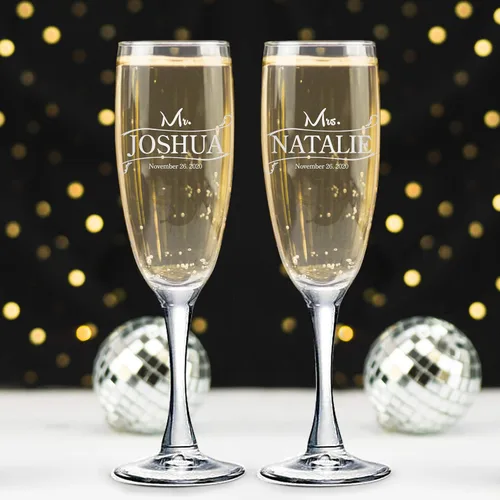 Vista 20 de Juego de 2 copas de champán personalizadas para boda grabadas con caja - Bride & Groom's Wedding Toast