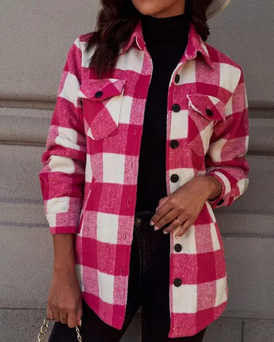 Vista 6 de luvamia Chaquetas a cuadros para mujer, de franela, acolchadas, de gran tamaño, con botones