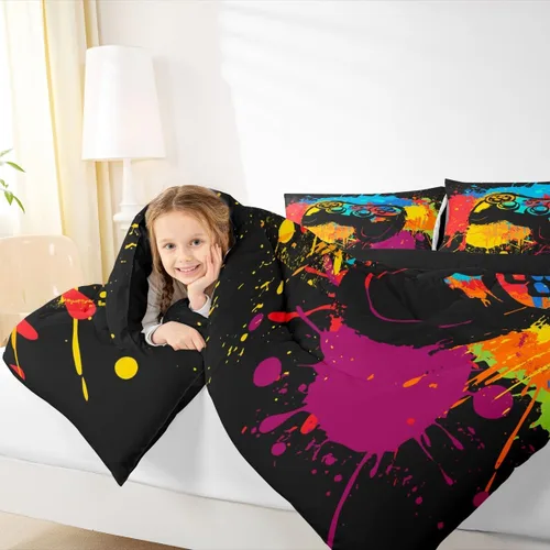 Vista 4 de Erosebridal Juego de ropa de cama individual para niñas, juego de edredón de juegos para niños, juego de cama de juegos para niños, color naranja
