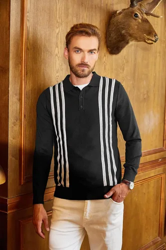 Vista 5 de PJ PAUL JONES Men's Vintage Stripe Knitted Polo Shirts Breathable Button Casual Pullover Sweater