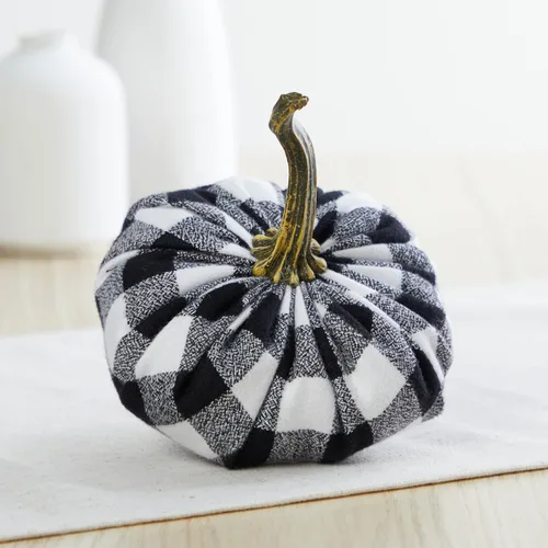 Vista 3 de Juego de 4 pequeñas calabazas de franela de terciopelo y algodón, decoración a cuadros de búfalo blanco y negro, estantes de calabaza negra