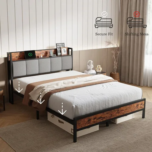 Vista 8 de Novilla Base de cama Queen con estación de carga USB/tipo C y cabecera de almacenamiento, marco de cama de plataforma de metal moderno, fácil