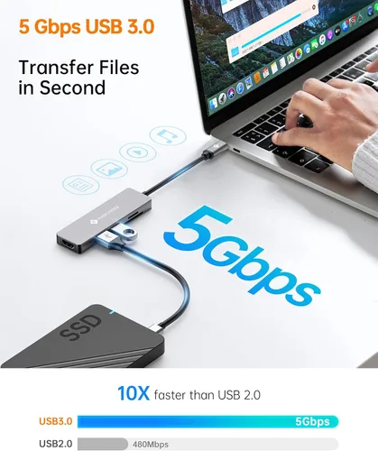 Vista 3 de NOVOO Hub USB C 5 en 1 con adaptador HDMI 4K, 2 puertos USB 3.0, 1 puerto de memoria SD, 1 lector de tarjetas microSD 2 puertos USB 3.0, 1 puerto
